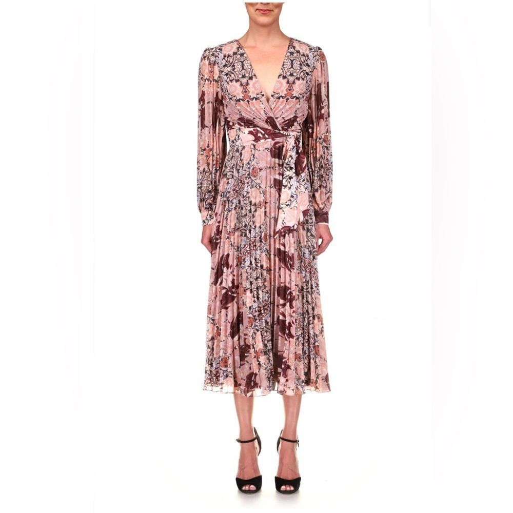 Badgley Mischka Pleated Georgette Printed Day Dress